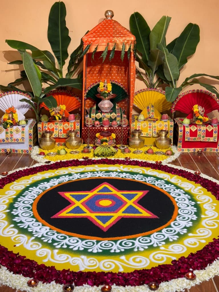 Sacred Mandap and Shatkona Rangoli Setup